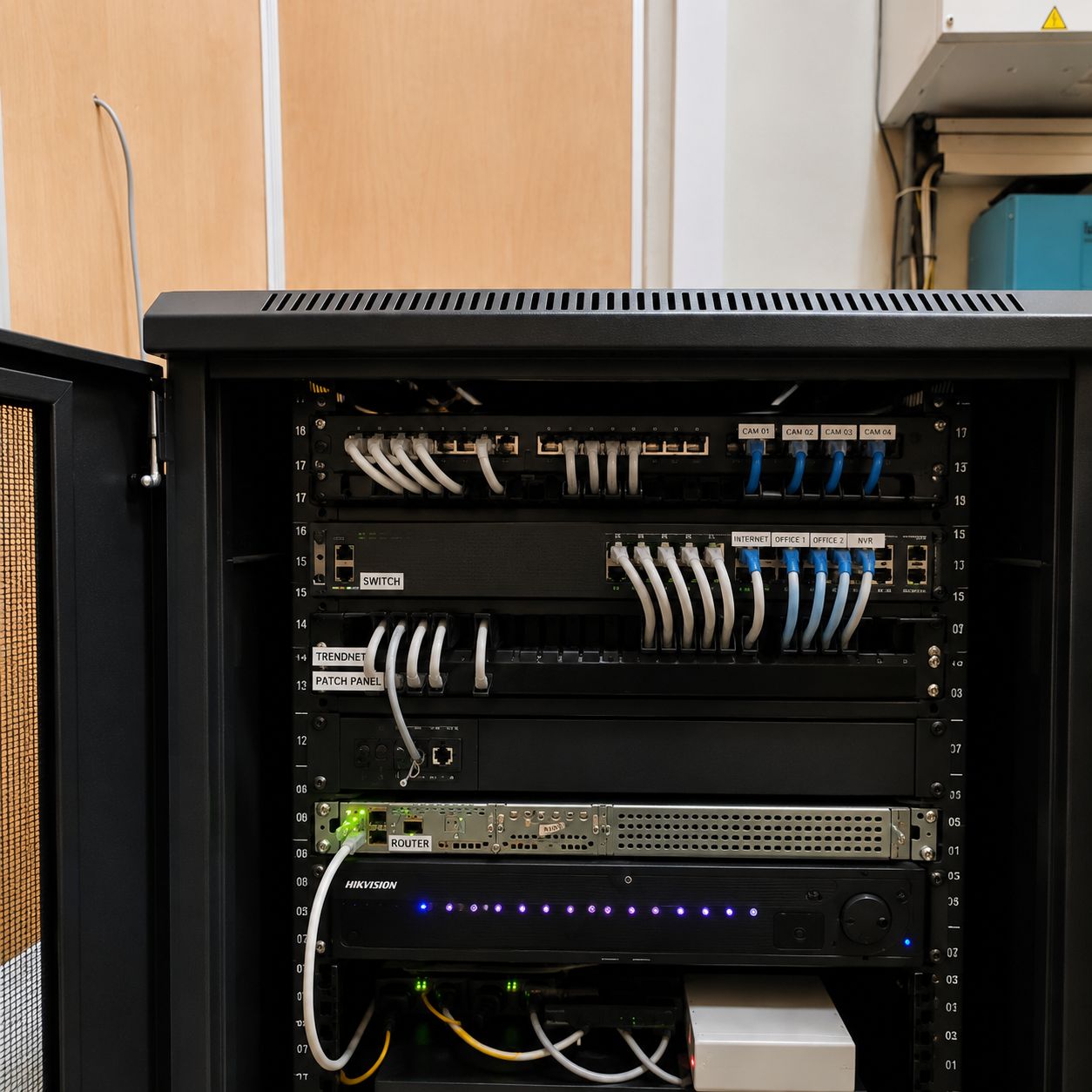 Labeled network rack with switch, router, and NVR installation